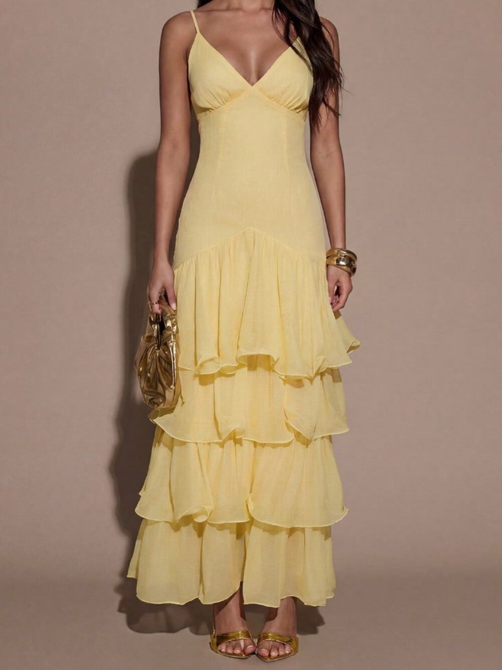 Yellow Sexy Women's Layered Ruffle Hem Spaghetti Strap Dress - Picture 6 of 7